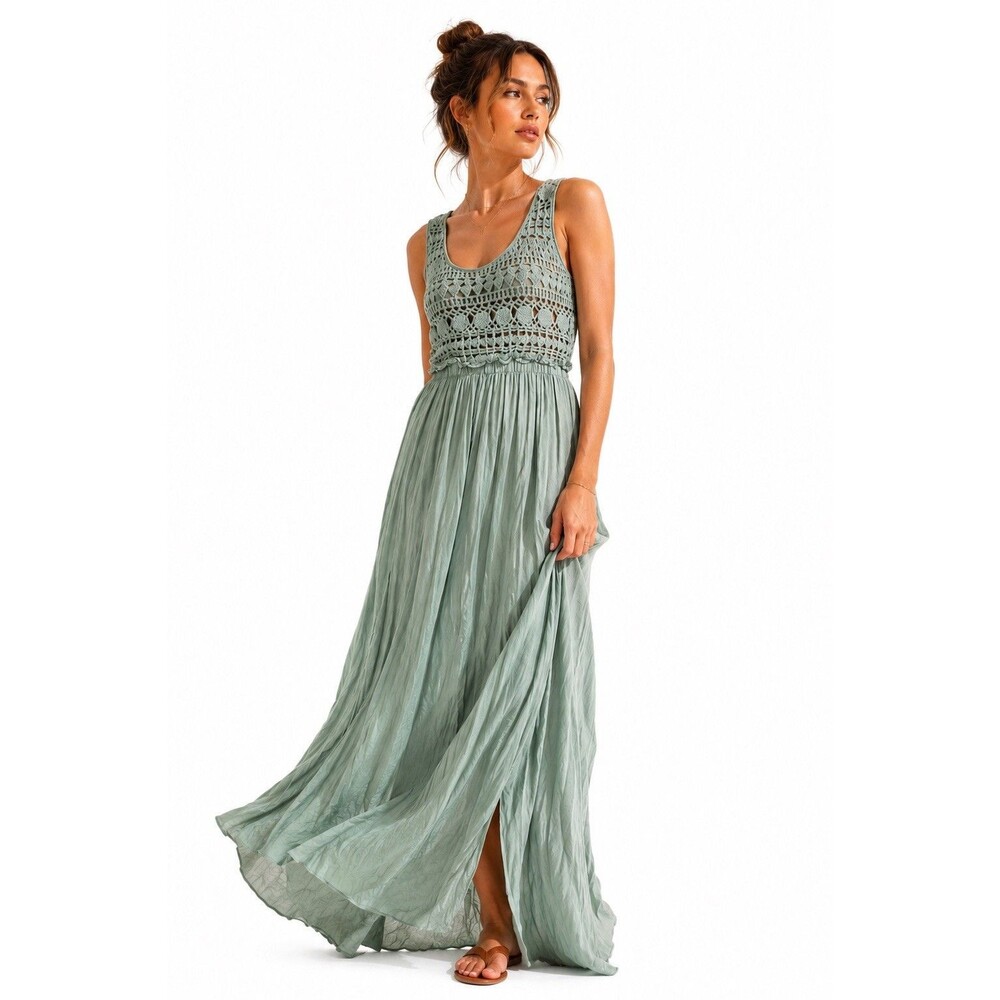 Wishlist Apparel Crochet Bodice Maxi Dress Sage Green Boho Beach Resort Medium M